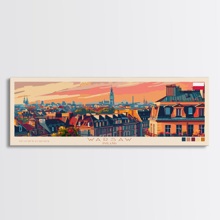 Warsaw Poland Travel Art, City Art, Framed Canvas Print or Metal Wall Art, Europe Travel Poster, Panoramic Wall Art, Extra Wide Wall Art