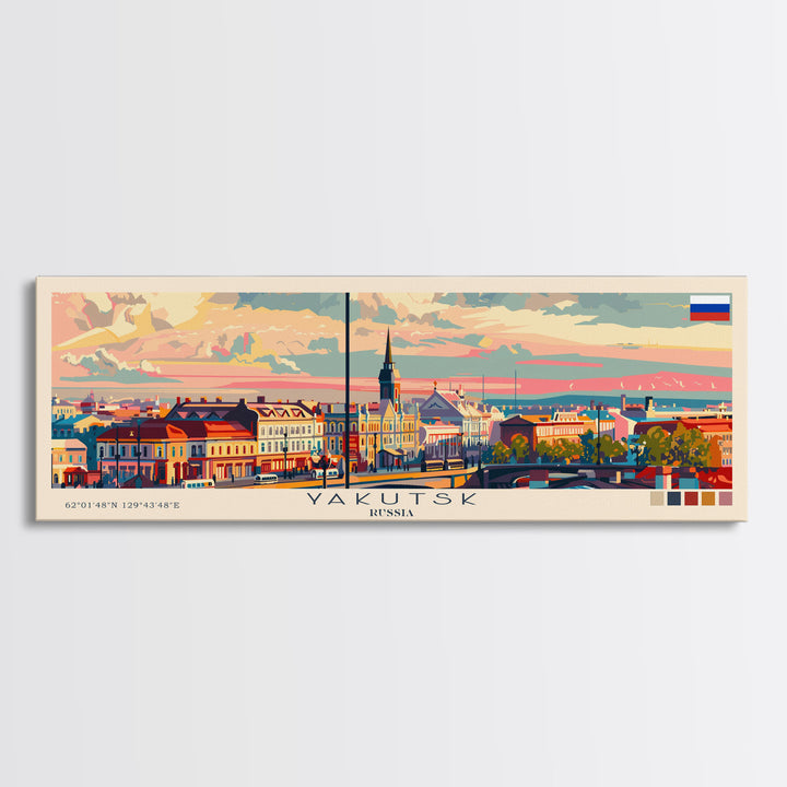 Yakutsk Russia Panoramic Travel Poster, Framed Canvas Print or Metal Wall Art, Travel Art, Home Decor, Panoramic Painting, Midcentury Art