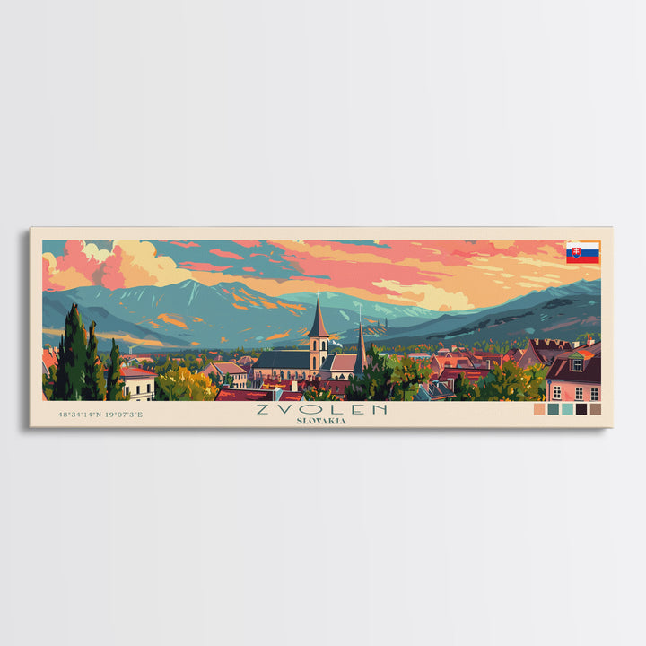 Zvolen Slovakia Panoramic Travel Poster, Framed Canvas Print or Metal Wall Art, Travel Art, Home Decor, Panoramic Painting, Midcentury Art