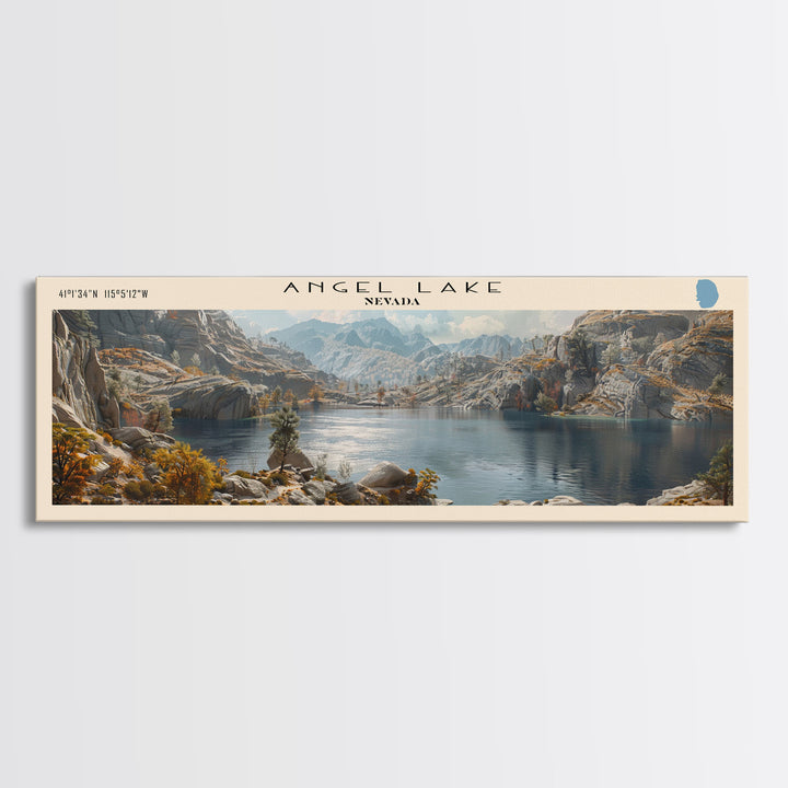 Angel Lake Nevada Panoramic Framed Canvas Print, Lake House Art, Boho Decor, Travel Poster, Nature Wall Art, Serene Scene