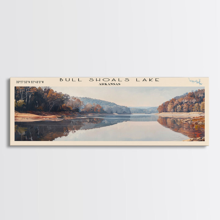 Bull Shoals Lake Arkansas Framed Canvas Print, Lake House Art, Panoramic Wall Art, Travel Poster, Rustic Lake Painting, Home Decor