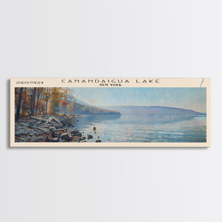 Canandaigua Lake New York Framed Canvas Print, Lake House Art, Panoramic Wall Art, Travel Poster, Modern Lake Painting, Nature Art