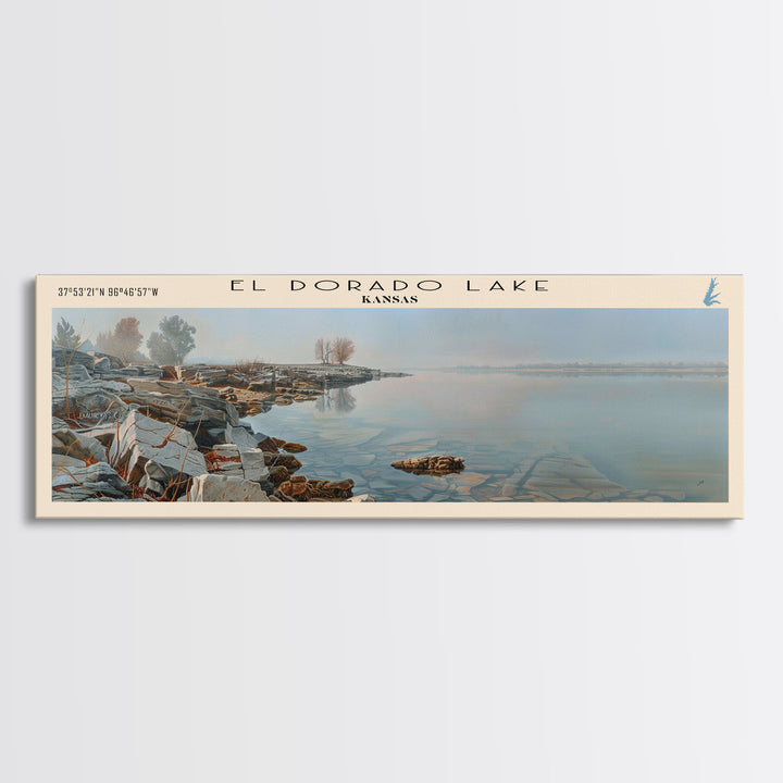 El Dorado Lake Kansas Framed Canvas Print, Lake House Decor, Panoramic Wall Art, Travel Poster, Rustic Lake Painting, Nature Art