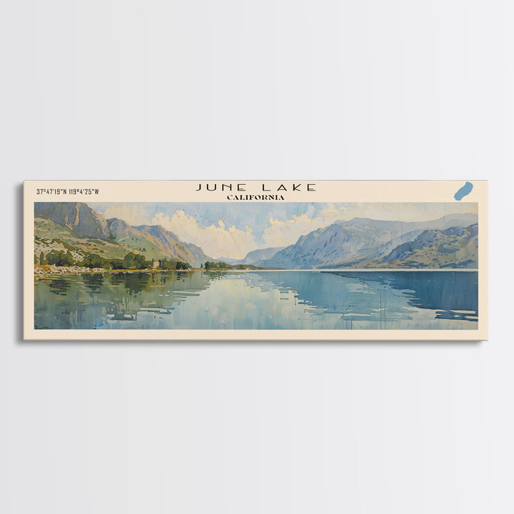 June Lake California Framed Canvas Print, Panoramic Lake House Decor, Wall Art, Travel Poster, Peaceful Lake Painting, Nature Art