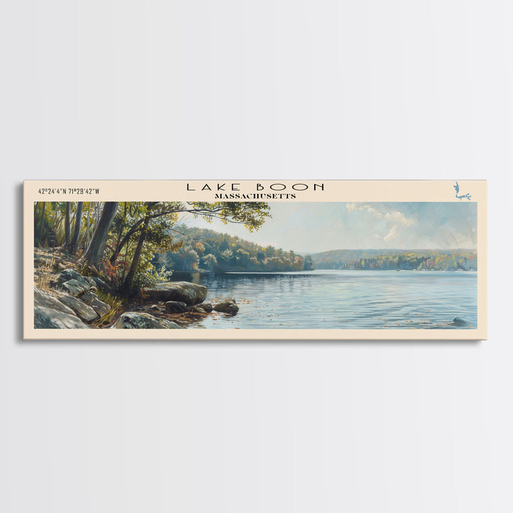 Lake Boon Massachusetts Framed Canvas Print, Panoramic Lake House Decor, Wall Art, Travel Poster, Peaceful Lake Painting, Nature Art