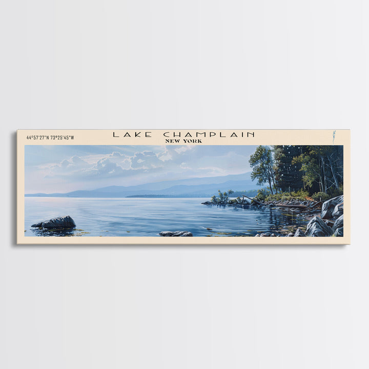 Lake Champlain Framed Canvas Print, Lake House Art, Panoramic Wall Art, Travel Poster, Captivating Lake Painting, Home Decor