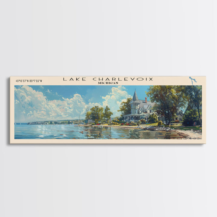 Lake Charlevoix Michigan Framed Canvas Print, Lake House Decor, Panoramic Wall Art, Travel Poster, Stunning Landscape Painting, Home Art