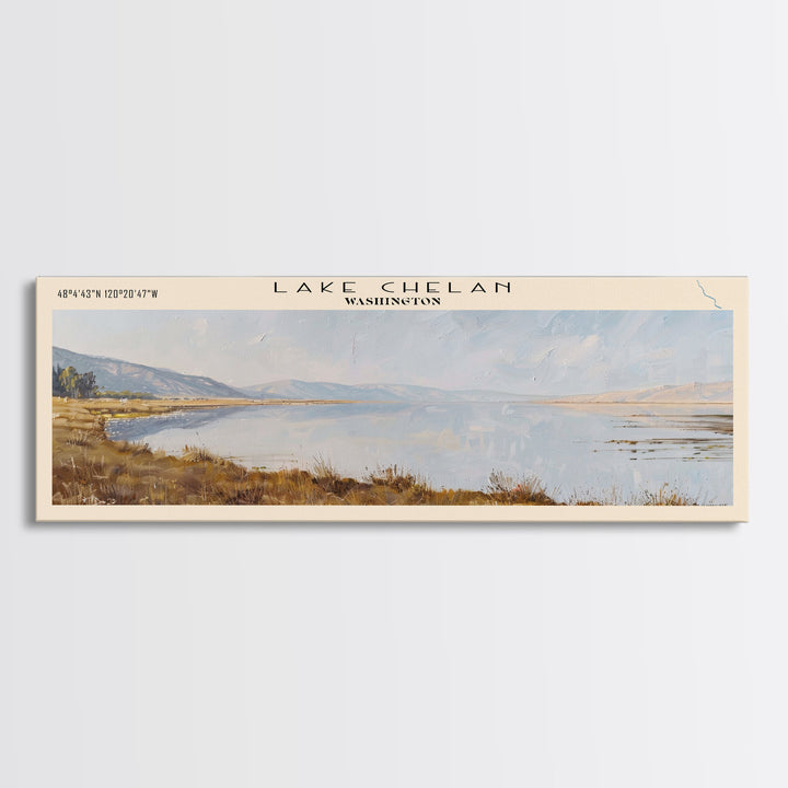 Lake Chelan Washington Framed Canvas Print, Lake House Decor, Panoramic Wall Art, Travel Poster, Scenic Lake Painting, Nature Art