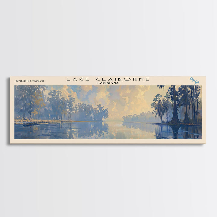 Lake Claiborne Louisiana Framed Canvas Print, Lake House Decor, Panoramic Wall Art, Travel Poster, Serene Lake Painting, Nature Art