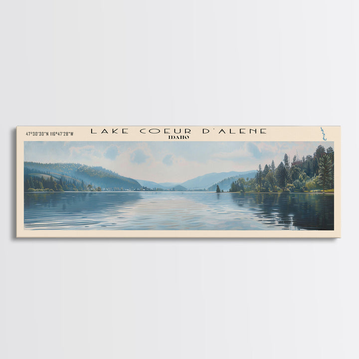 Lake Coeur d'Alene Idaho Framed Canvas Print, Lake House Decor, Panoramic Wall Art, Travel Poster, Scenic Lake Painting, Home Art