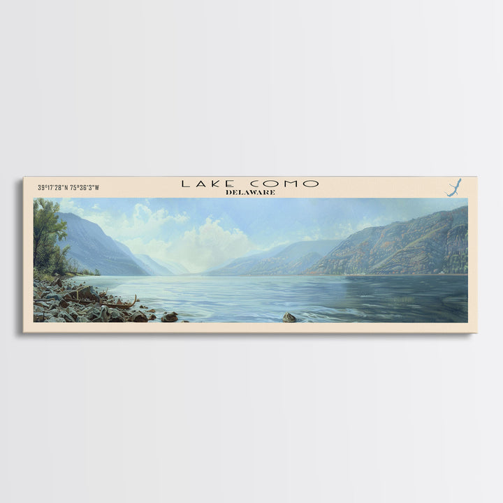 Lake Como Delaware Framed Canvas Print, Lake House Decor, Panoramic Wall Art, Travel Poster, Stunning Lake Painting, Nature Art