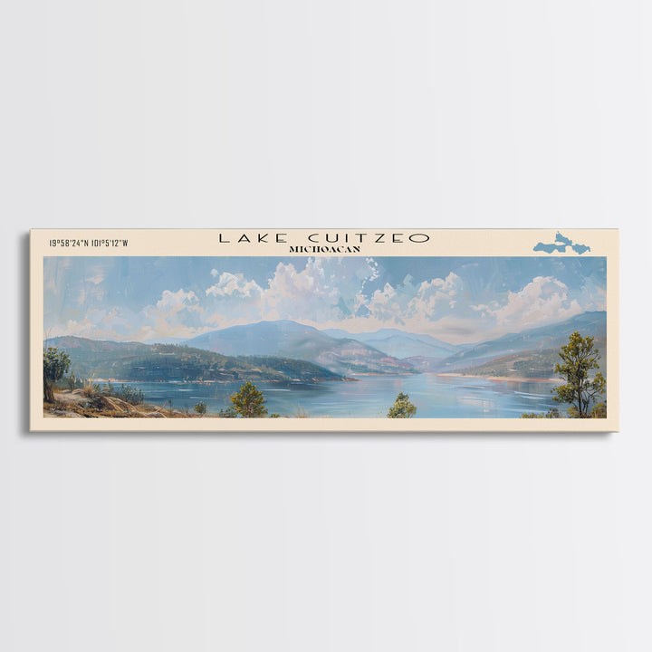 Lake Cuitzeo Framed Canvas Print, Lake House Decor, Panoramic Wall Art, Travel Poster, Beautiful Lake Painting, Home Art