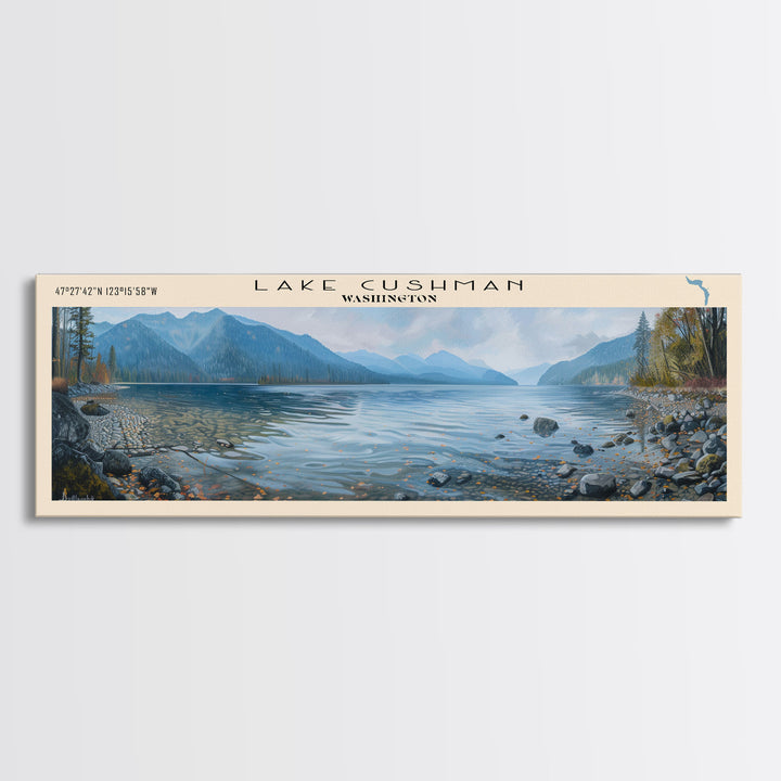 Lake Cushman Washington Framed Canvas Print, Lake House Decor, Panoramic Wall Art, Travel Poster, Stunning Lake Painting, Home Art