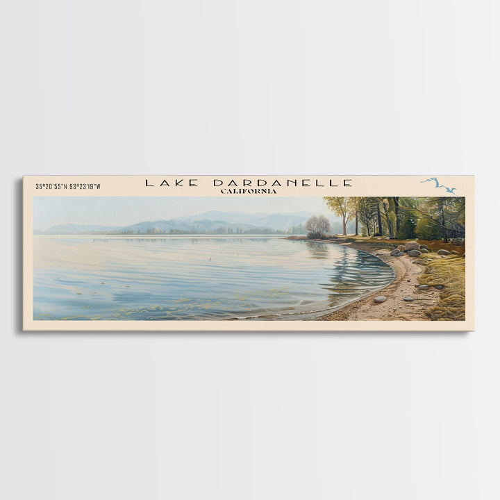 Lake Dardanelle California Framed Canvas Print, Lake House Decor, Panoramic Wall Art, Travel Poster, Scenic Landscape Painting, Nature Art