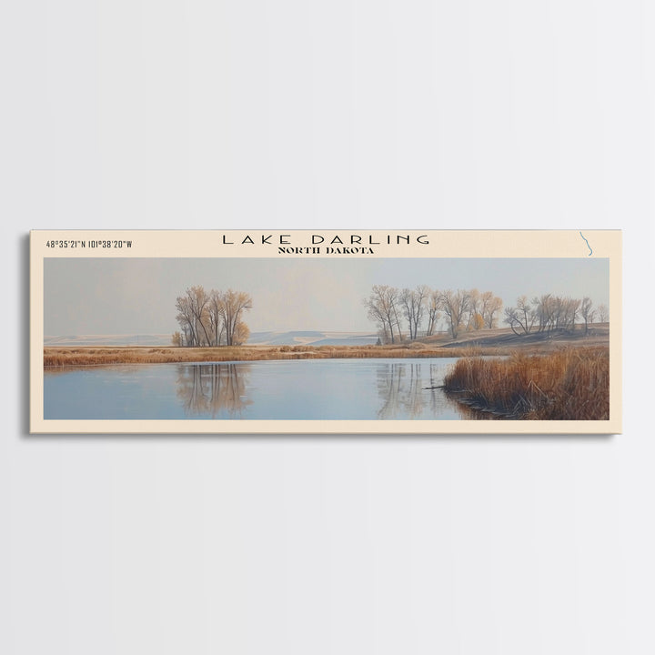 Lake Darling North Dakota Framed Canvas Print, Lake House Decor, Panoramic Wall Art, Travel Poster, Serene Lake Painting, Home Art