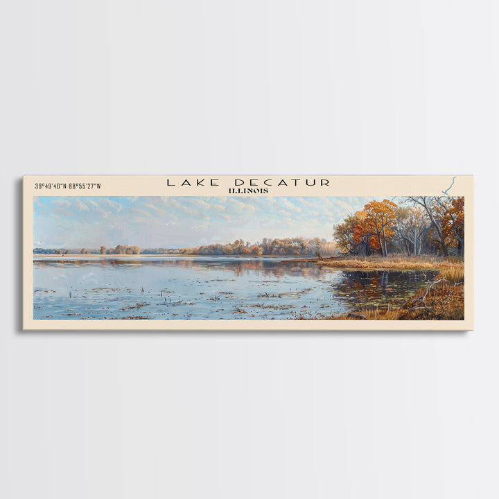 Lake Decatur Illinois Framed Canvas Print, Lake House Decor, Panoramic Wall Art, Travel Poster, Beautiful Lake Painting, Nature Art