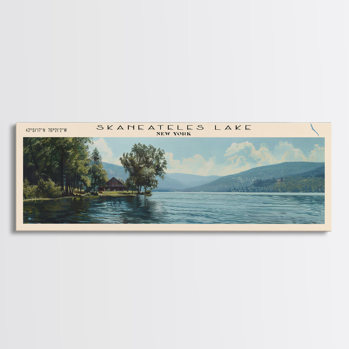 Skaneateles Lake New York Panoramic Framed Canvas Print, Lake House Decor, Wall Art, Travel Poster, Scenic Landscape, Living Room Decor