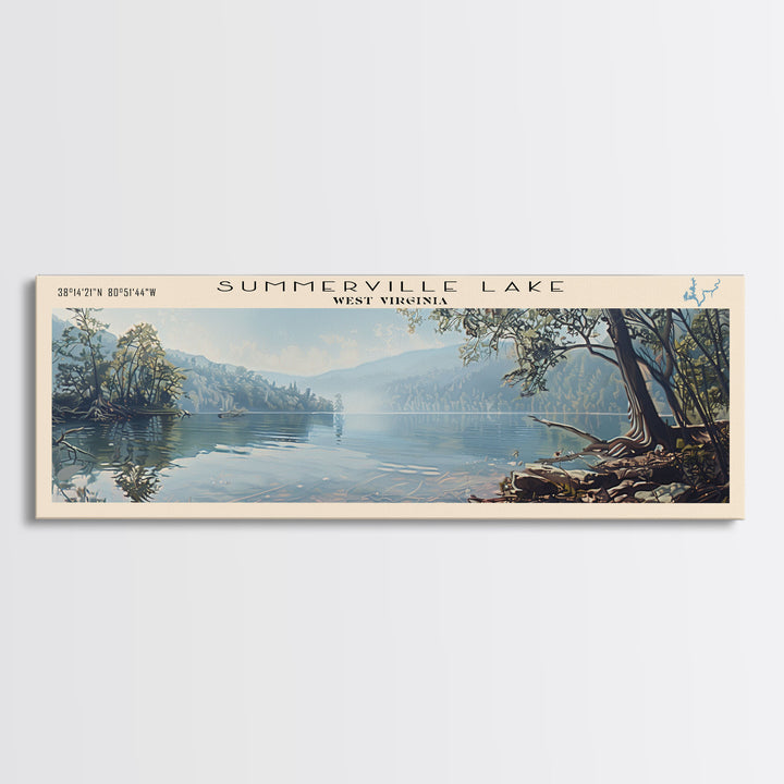 Summerville Lake West Virginia Panoramic Wall Art, Framed Canvas Print, Lake House Decor, Travel Poster, Scenic Lake Painting, Living Room Decor