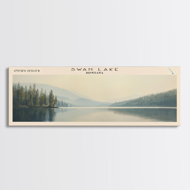 Swan Lake Montana Panoramic Wall Art, Framed Canvas Print, Lake House Decor, Travel Poster, Beautiful Landscape, Bedroom Decor