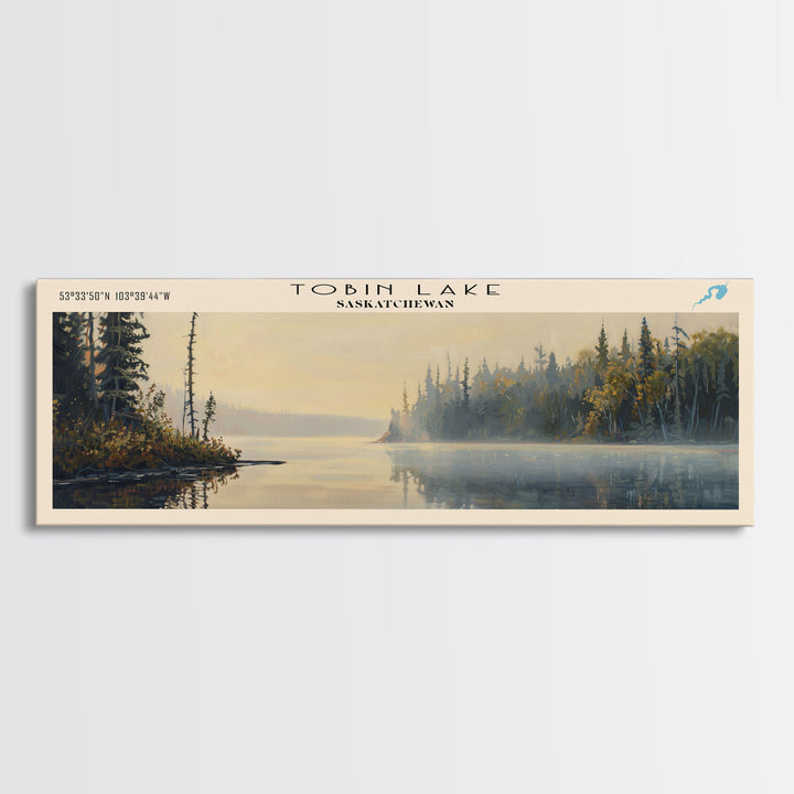 Tobin Lake Panoramic Wall Art, Framed Canvas Print, Lake House Decor, Travel Poster, Serene Landscape, Living Room Decor