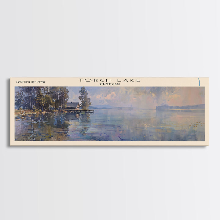 Torch Lake Panoramic Wall Art, Framed Canvas Print, Lake House Decor, Travel Poster, Serene Landscape, Home Decor