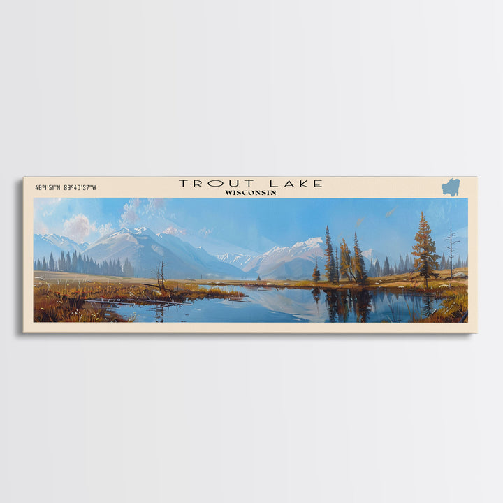 Trout Lake Panoramic Wall Art, Framed Canvas Print, Lake House Decor, Travel Poster, Scenic Landscape, Living Room Art