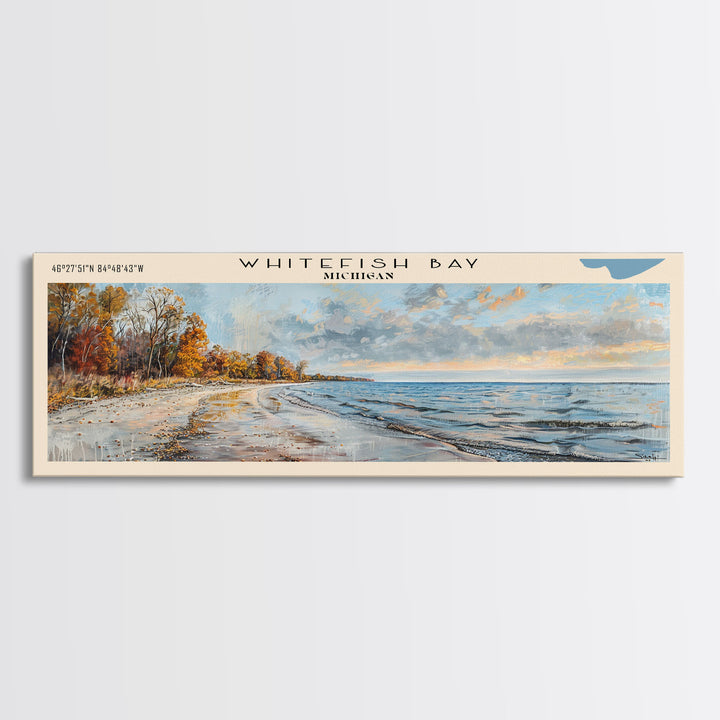 Whitefish Bay Panoramic Wall Art, Framed Canvas Print, Lake House Decor, Travel Poster, Serene Landscape, Home Art