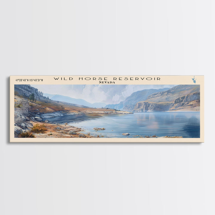 Wild Horse Reservoir Nevada Panoramic Wall Art, Framed Canvas Print, Lake House Decor, Travel Poster, Scenic Lake Scene, Living Room Art