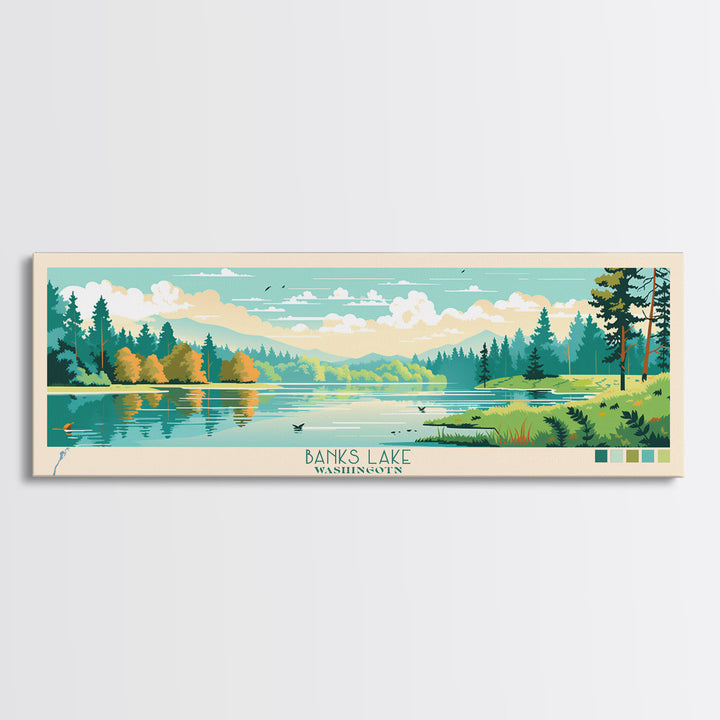 Banks Lake Washington Framed Canvas Print, Panoramic Wall Art, Midcentury Modern, Pop Art, Travel Poster, Scenic Lake House Art