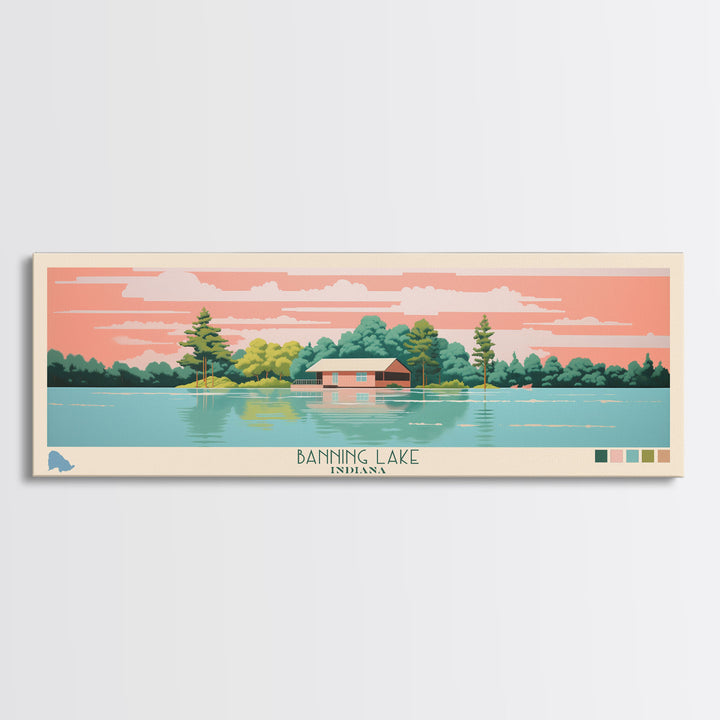 Banning Lake Indiana Framed Canvas Print, Panoramic Travel Poster, Midcentury Modern Wall Art, Pop Art, Bedroom Decor