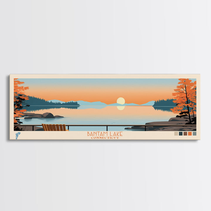 Bantam Lake Connecticut Framed Canvas Print, Panoramic Wall Art, Midcentury Modern, Pop Art, Travel Poster, Scenic Living Room Art