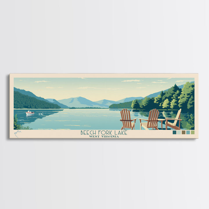 Beech Fork Lake West Virginia Framed Canvas Print, Panoramic Wall Art, Midcentury Modern, Pop Art, Travel Poster, Scenic Lake House Decor, Bedroom Art