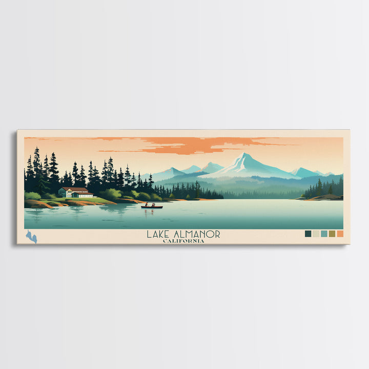 Lake Almanor California Framed Canvas Print, Panoramic Art, Midcentury Modern, Pop Art, Living Room Wall Art, Travel Poster, Lake House Decor