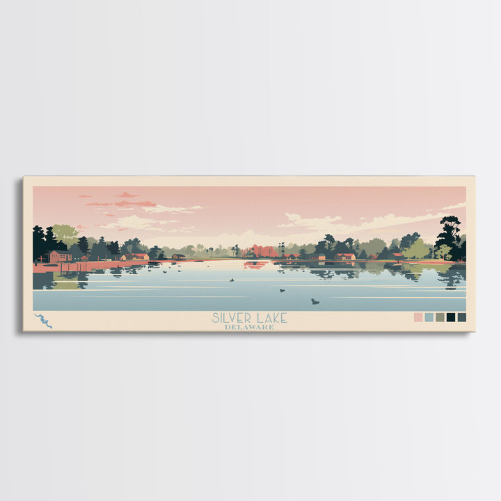 Silver Lake, Delaware Framed Canvas Print, Panoramic Wall Art, Midcentury Modern Decor, Pop Art, Travel Poster, Home Decoration