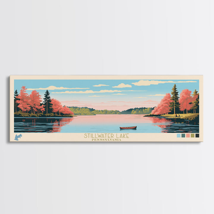 Stillwater Lake, Pennsylvania Framed Canvas Print, Lake House Decor, Midcentury Modern Art, Pop Art, Travel Poster, Bedroom Wall Art