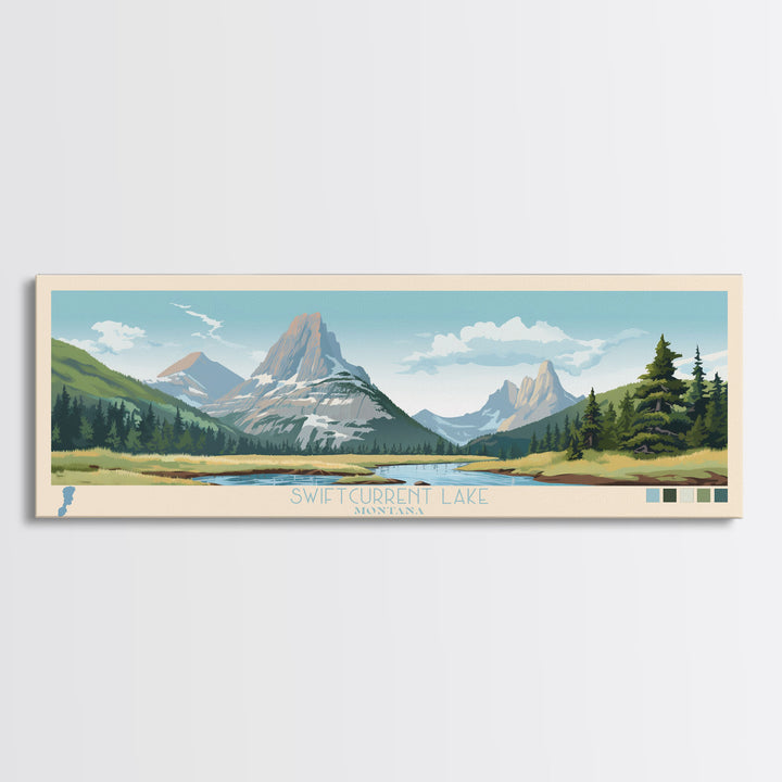 Swiftcurrent Lake, Montana Framed Canvas Print, Lake House Decor, Midcentury Modern Art, Pop Art, Travel Poster, Bedroom Wall Art