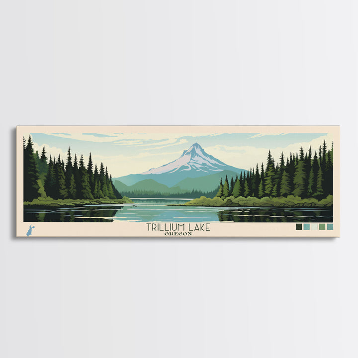 Trillium Lake, Oregon Framed Canvas Print, Lake House Art, Midcentury Modern Decor, Pop Art, Travel Poster, Bedroom Wall Art