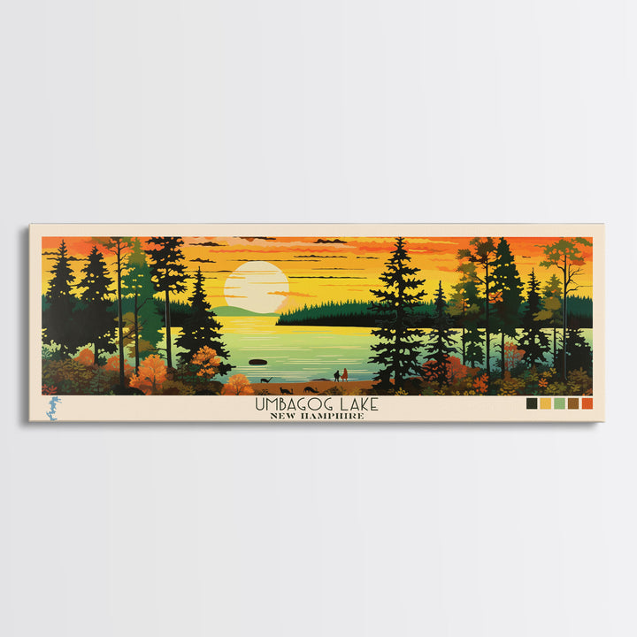 Umbagog Lake, New Hampshire Framed Canvas Print, Panoramic Lake House Art, Midcentury Modern Decor, Pop Art, Travel Poster, Living Room Wall Art