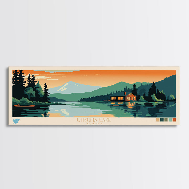 Utikuma Lake, Alberta Framed Canvas Print, Panoramic Lake House Art, Midcentury Modern Decor, Pop Art, Travel Poster, Living Room Wall Art