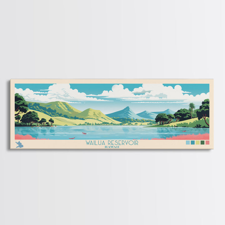 Wailua Reservoir, Hawaii Framed Canvas Print, Panoramic Lake House Art, Midcentury Modern Decor, Pop Art, Travel Poster, Living Room Wall Art