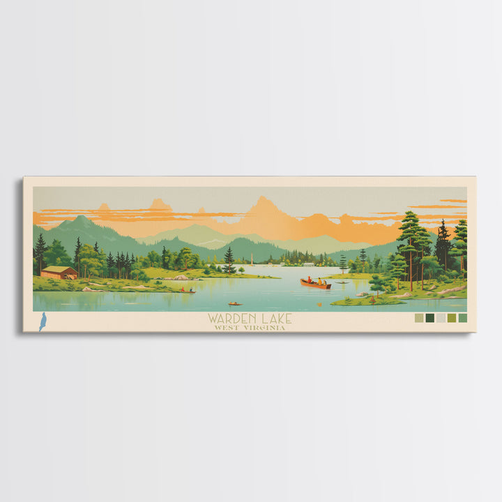 Warden Lake, West Virginia Framed Canvas Print, Panoramic Lake House Art, Midcentury Modern Decor, Pop Art, Travel Poster, Living Room Wall Art