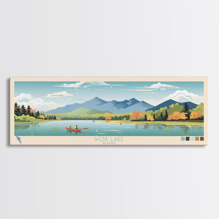 Webb Lake, Maine Framed Canvas Print, Midcentury Modern Lake House Decor, Panoramic Art, Pop Art, Travel Poster, Living Room Wall Art