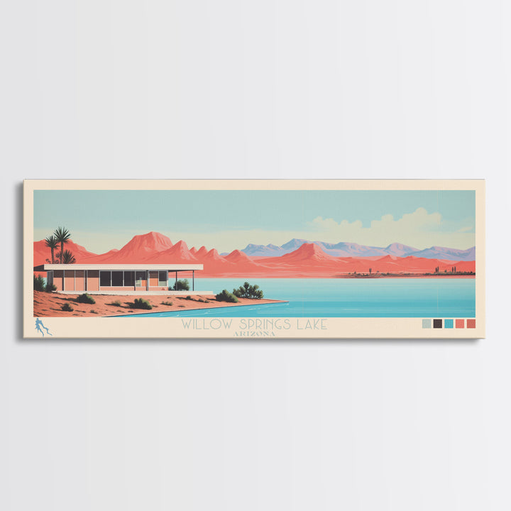 Willow Springs Lake, Arizona Panoramic Framed Canvas Print, Lake House Decor, Midcentury Modern Art, Pop Art, Travel Poster