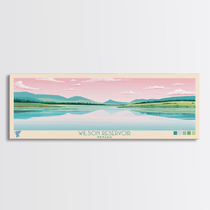 Wilson Reservoir, Nevada Panoramic Framed Canvas Print, Lake House Decor, Midcentury Modern Art, Pop Art, Travel Poster