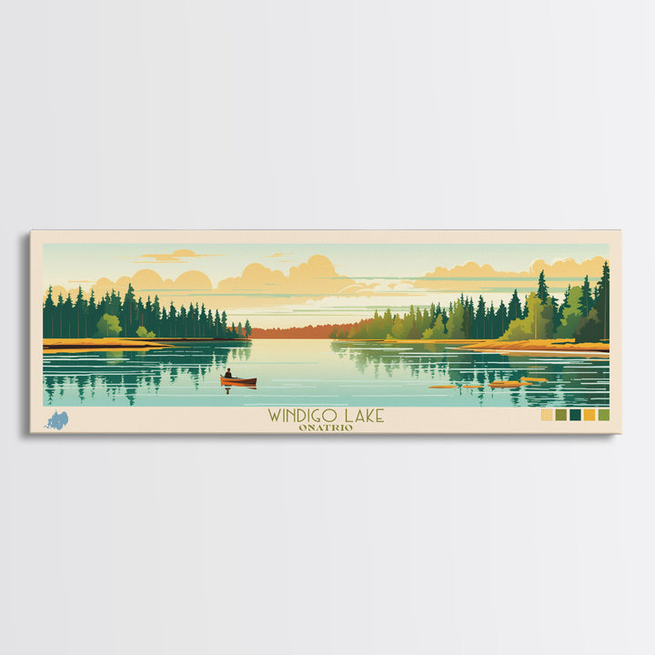 Windigo Lake, Ontario Panoramic Framed Canvas Print, Lake House Decor, Midcentury Modern Art, Pop Art, Travel Poster