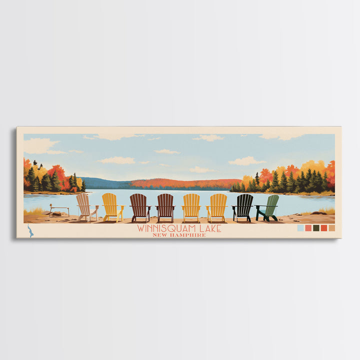 Winnisquam Lake, New Hampshire Panoramic Framed Canvas Print, Lake House Decor, Midcentury Modern Art, Pop Art, Travel Poster