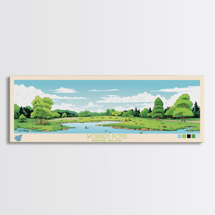 Worden Pond, Rhode Island Framed Canvas Print, Panoramic Lake House Decor, Midcentury Modern Art, Pop Art, Travel Poster