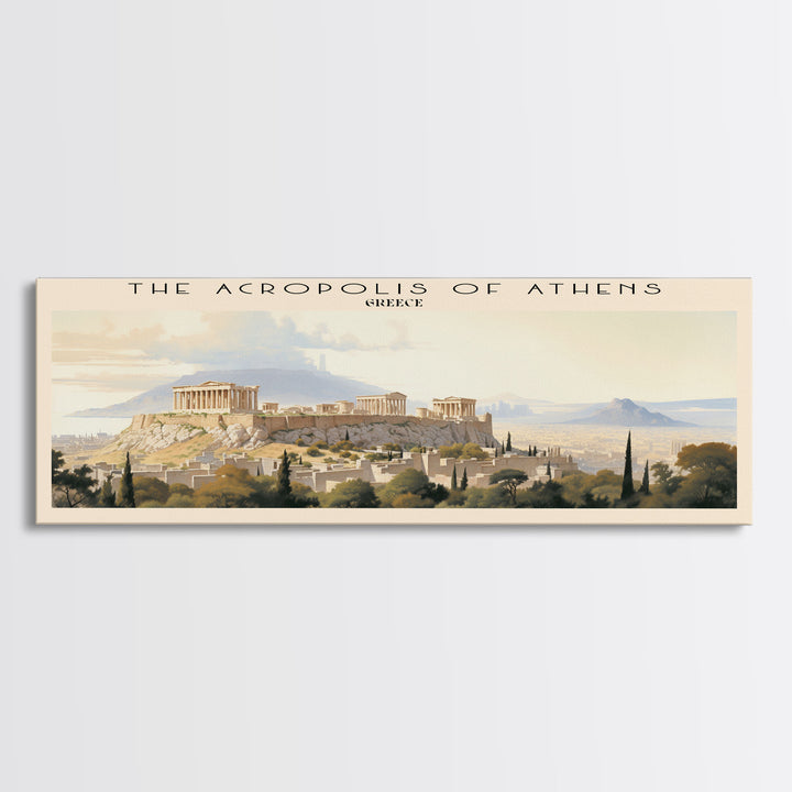 The Acropolis of Athens Retro Style Travel Poster - Framed Canvas Print - COUNTRY Travel Decor | Vintage Style Home Decor - Travel Print - Wall Art