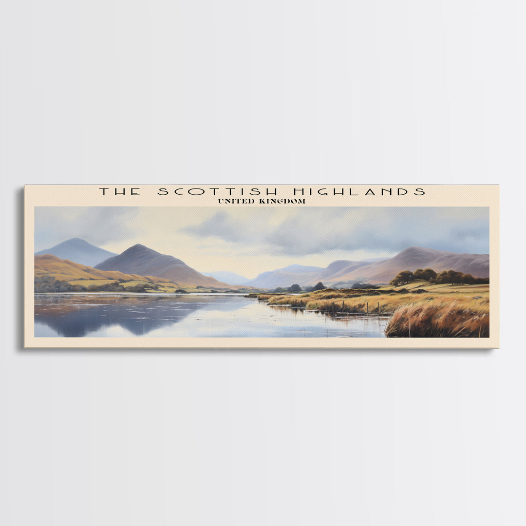 The Scottish Highlands Retro Style Travel Poster - Framed Canvas Print - COUNTRY Travel Decor | Vintage Style Home Decor - Travel Print - Wall Art