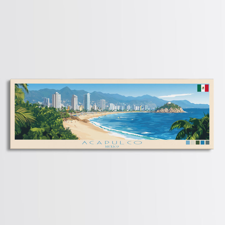 Acapulco, Mexico Travel Poster Panoramic Canvas Print, Acapulco, Mexico Painting, Mexico Art, Acapulco Travel Art, Guest Room Painting